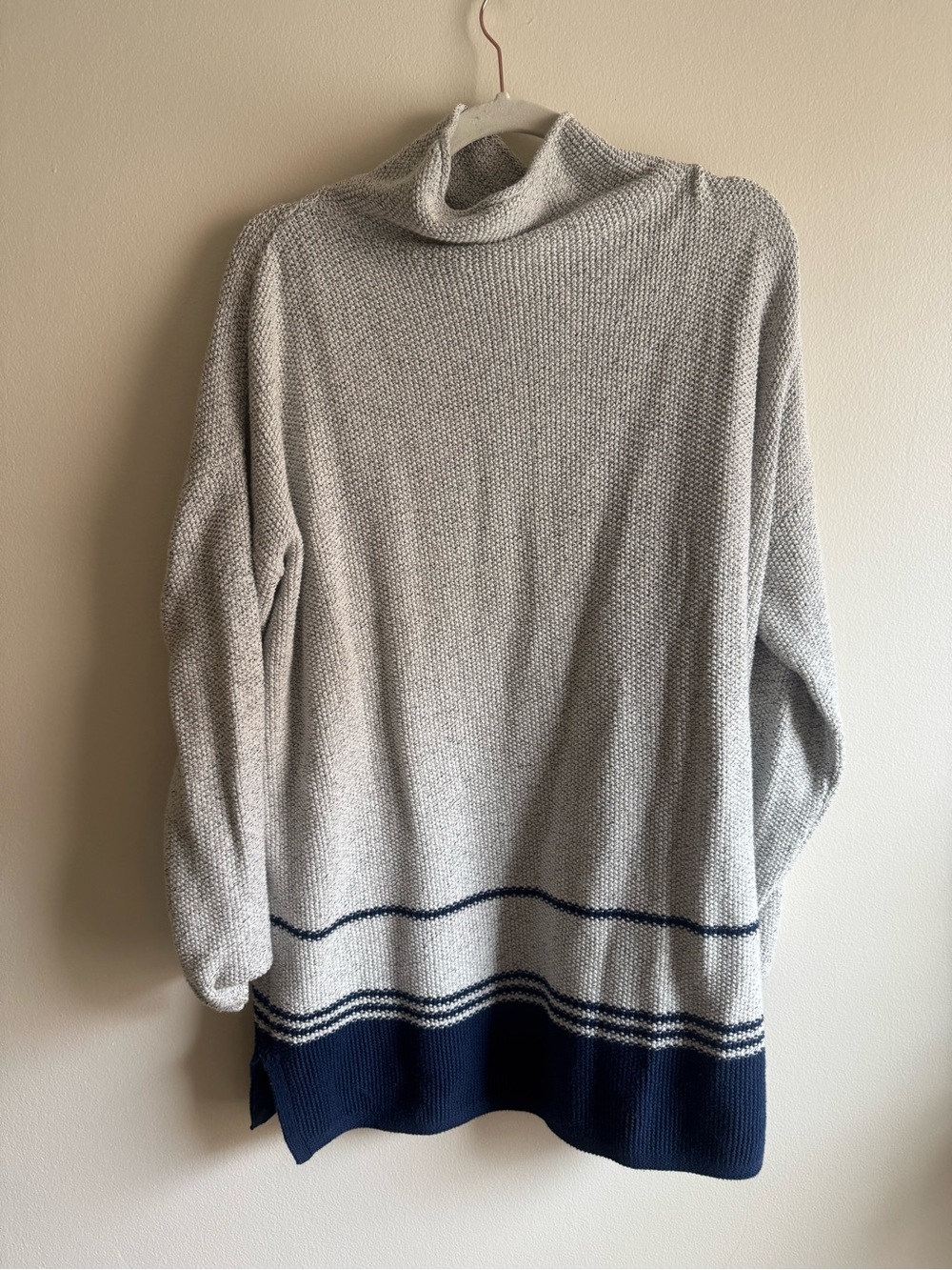 J. Jill Gray Turtleneck Sweater with Navy Stripe Hem